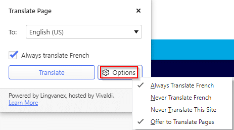 Vivaldi Translate options