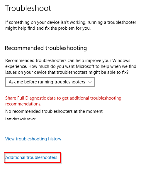 accessing additional troubleshooters in Windows 10