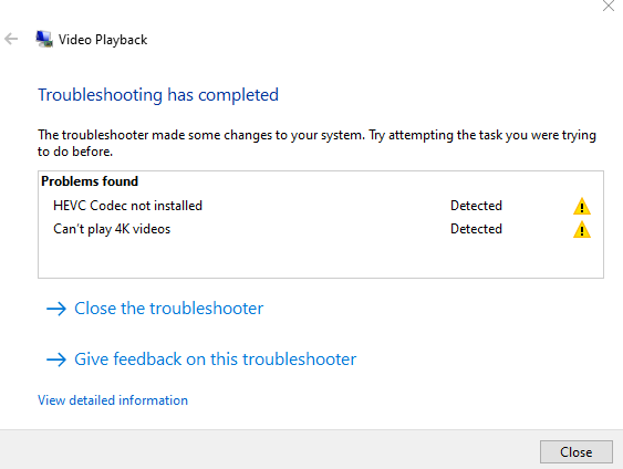 Video playback troubleshooter diagnosis complete