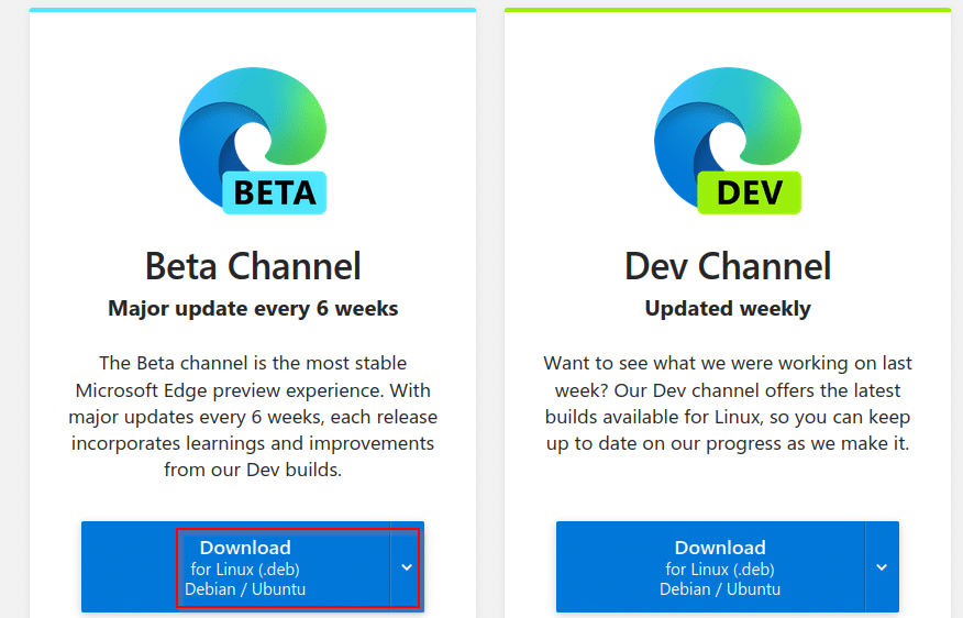 Microsoft Edge for Linux downloads page