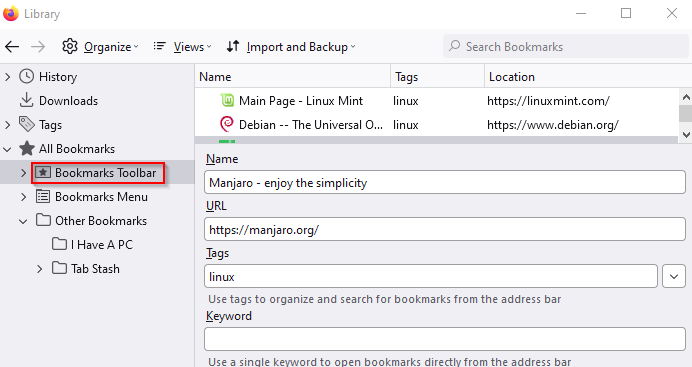 editing bookmarks using bookmark manager