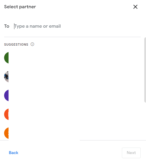 choosing a google account to add as a partner