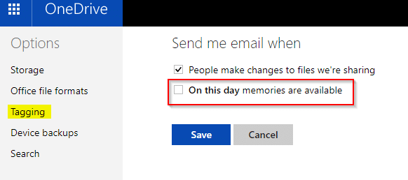 turn off OneDrive emails for On this day memories