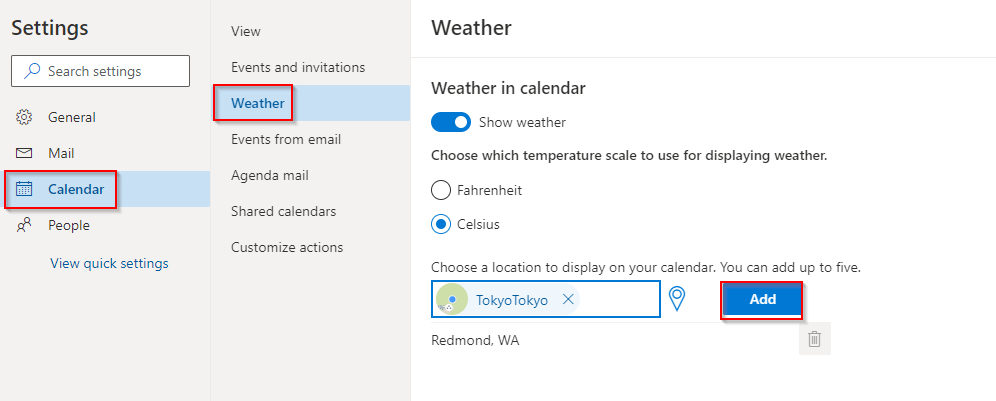 Weather and Calendar settings