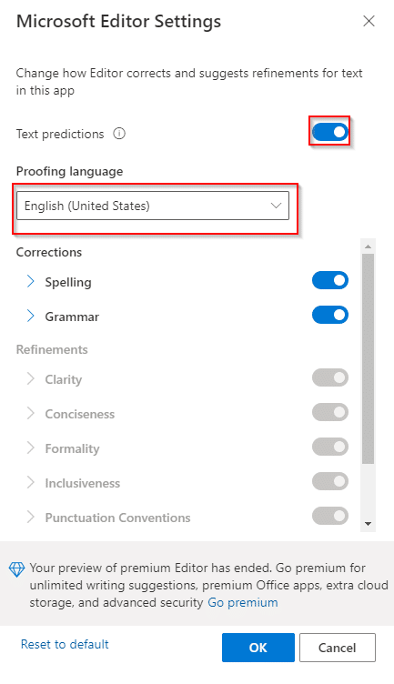 turn off Microsoft Editor for Outlook.com