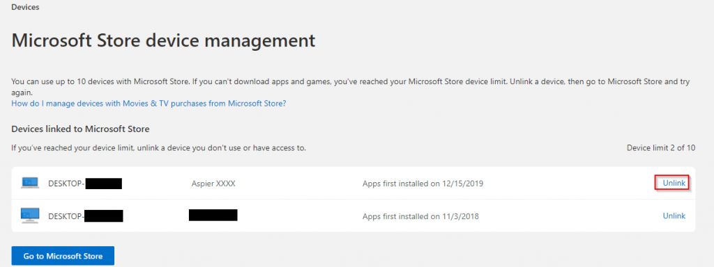 unlink unused devices from using Microsoft Store