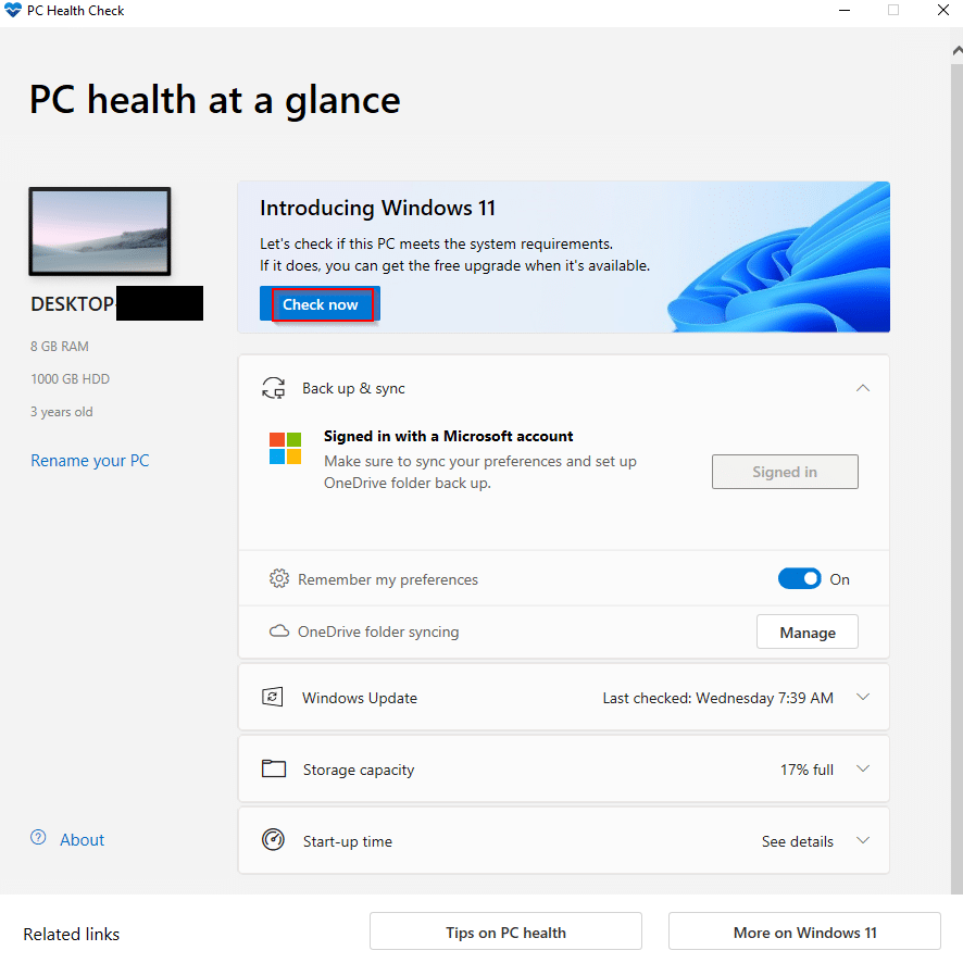 PC Health Check tool interface