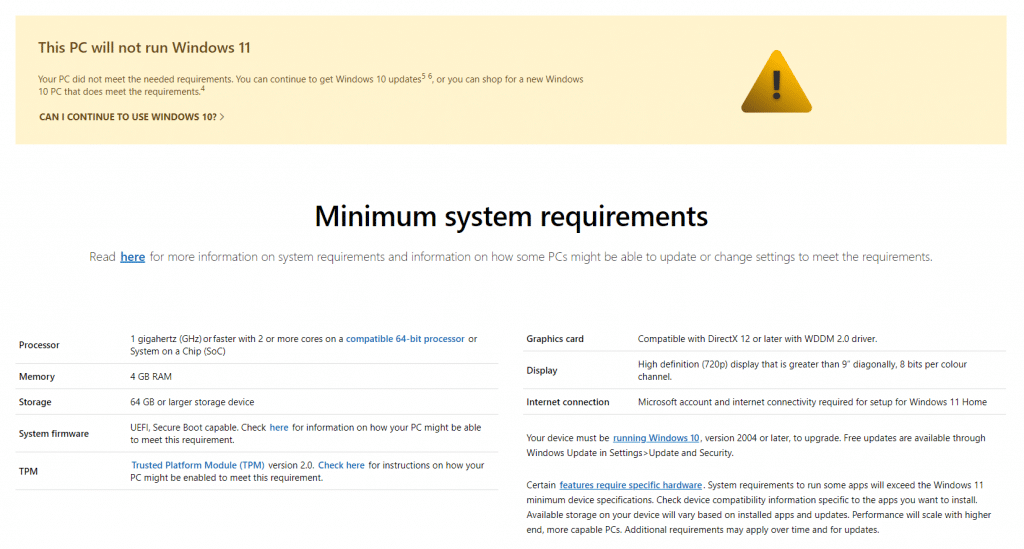 minimum system requirements page for Windows 11