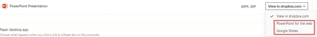 set default apps for presentation slides in Dropbox