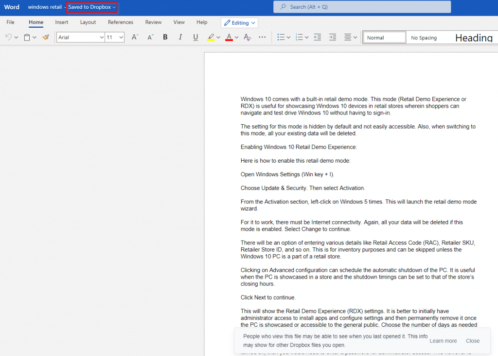 Dropbox document opened in Word for Web