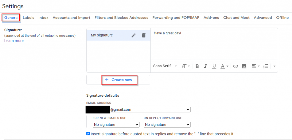 Gmail signature settings