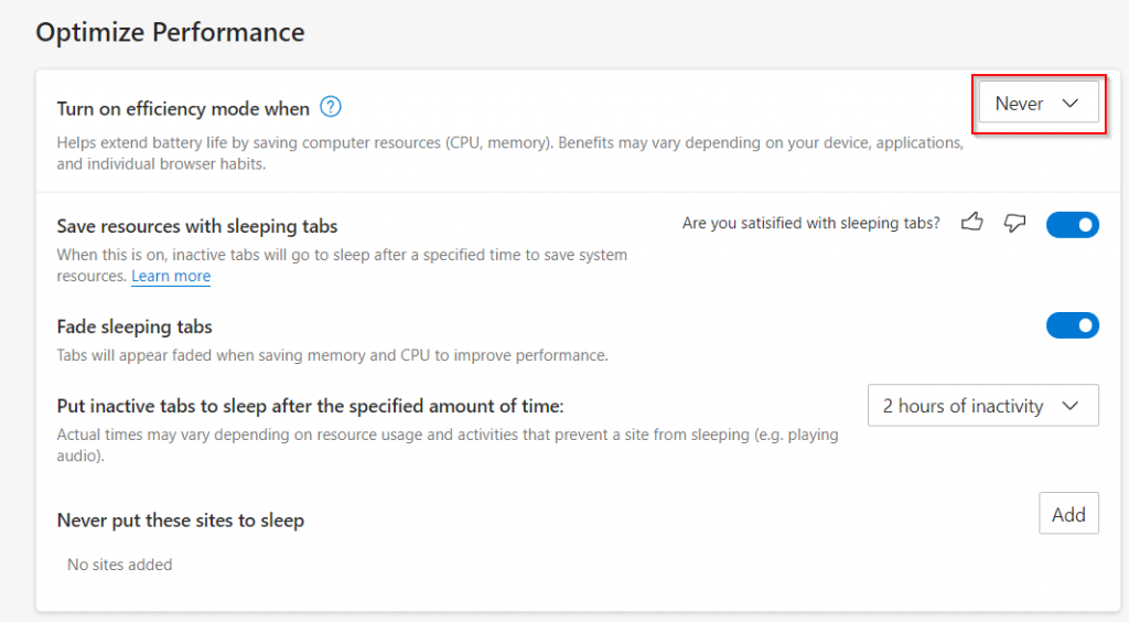 edge performance optimization settings