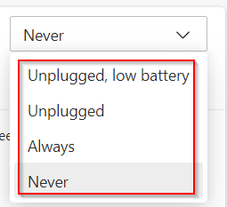 options for when to enable efficiency mode 