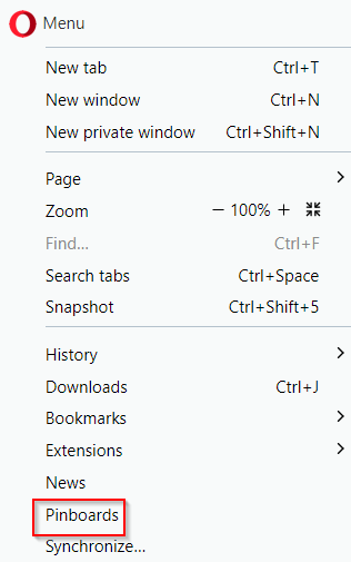 Pinboards from Opera menu