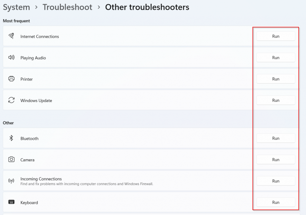 a list of specific windows 11 troubleshooters