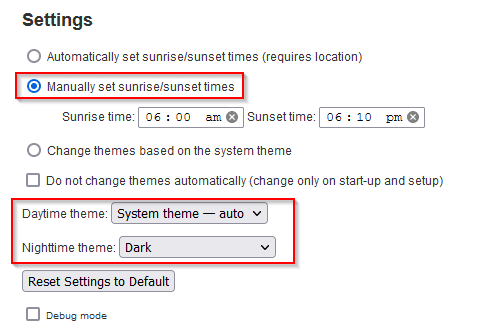 manually set sunrise/sunset times in automaticDark