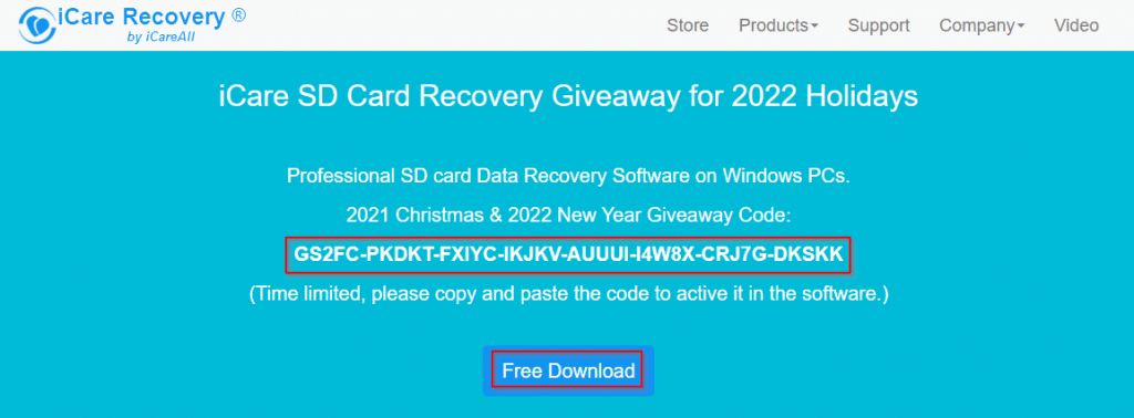 iCare SD Card Recovery giveaway page