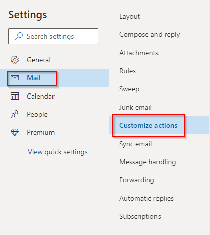 customize mail actions in outlook.com