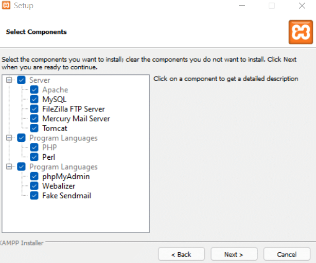 xampp components to install 