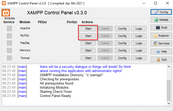 xampp control panel