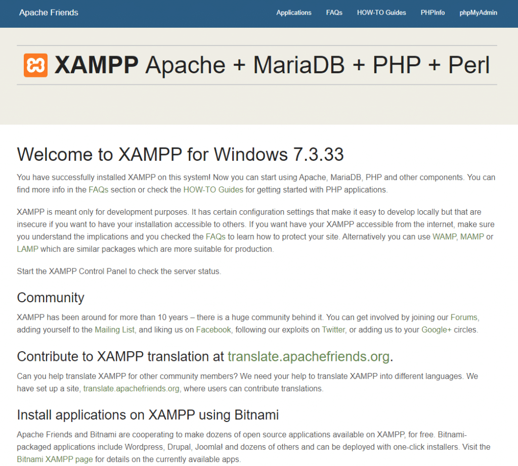 default xampp page on successful installation