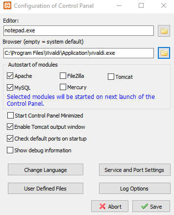 setting defaults and enabling auto-start for xampp modules