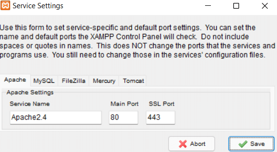 changing port numbers for xampp components