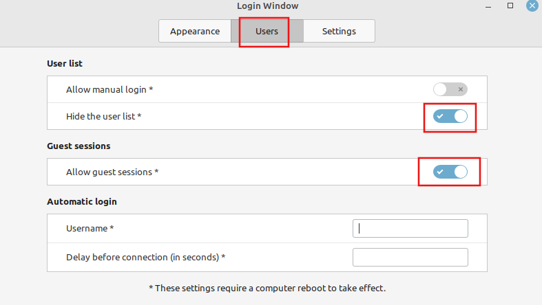 changing the user settings for login screen