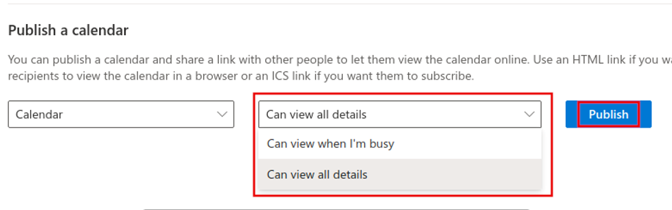 calendar publishing settings in outlook.com