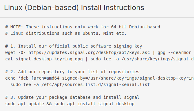 install instructions for Signal on Debian Linux