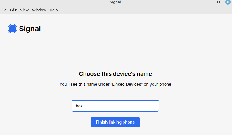 finishing the setup for Signal app in Linux Mint