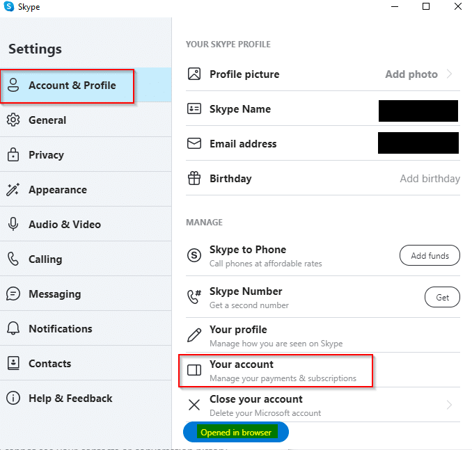 account option in skype desktop app