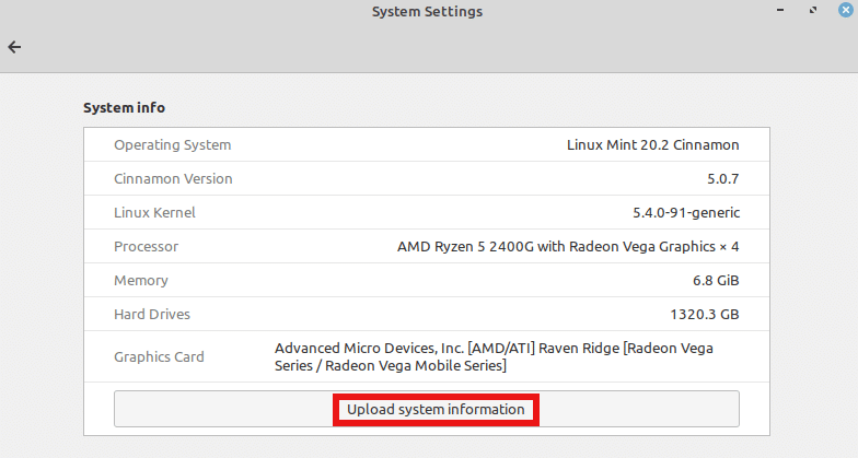 upload system info in linux mint