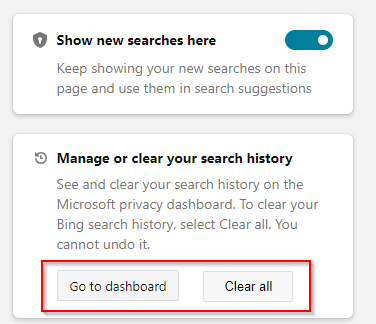 options to delete bing search history