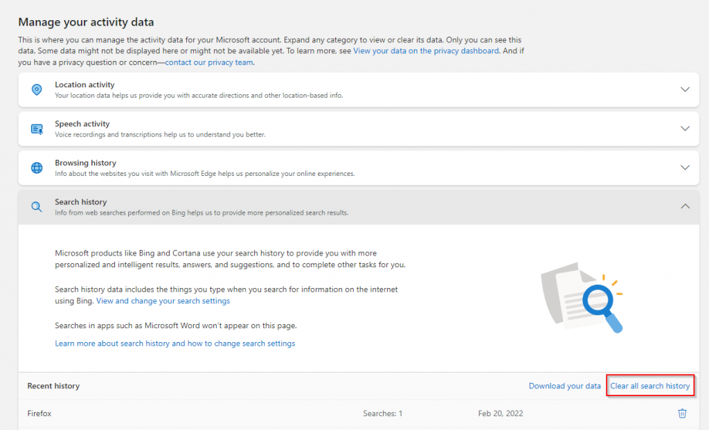 deleting search history from the microsoft account page