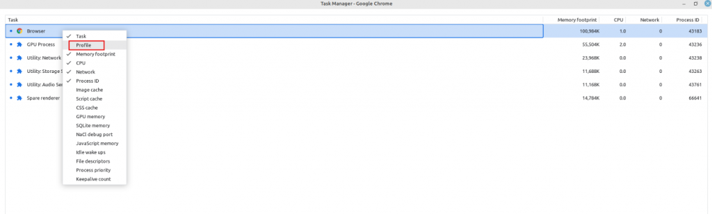 default view of Chrome Task Manager