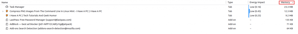 sorting Firefox Task Manager columns as per memory use