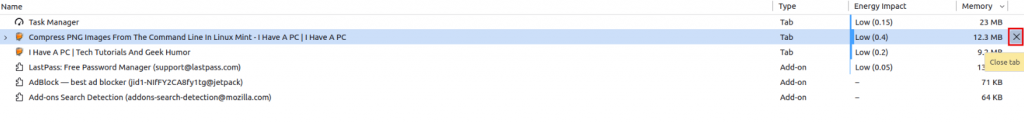 closing open tabs from Firefox Task Manager