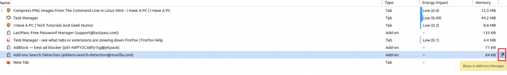 opening add-ons manager from Firefox Task Manager