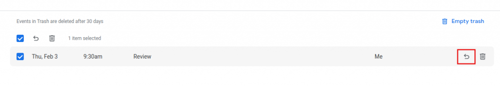 restoring a deleted Google Calender event