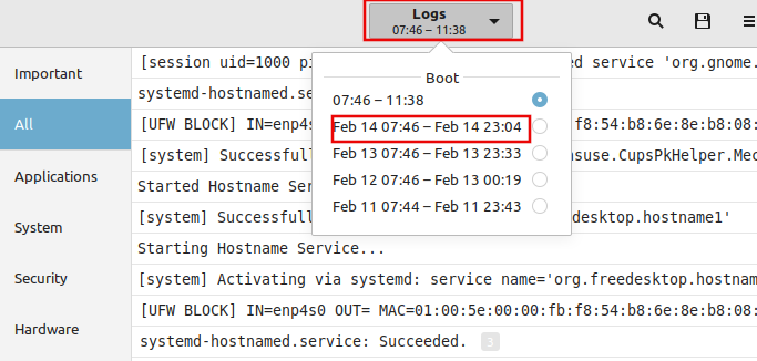 system start and shutdown timestamps in Log