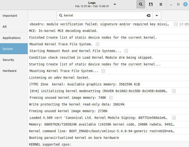 filtered messages using Logs in Linux Mint