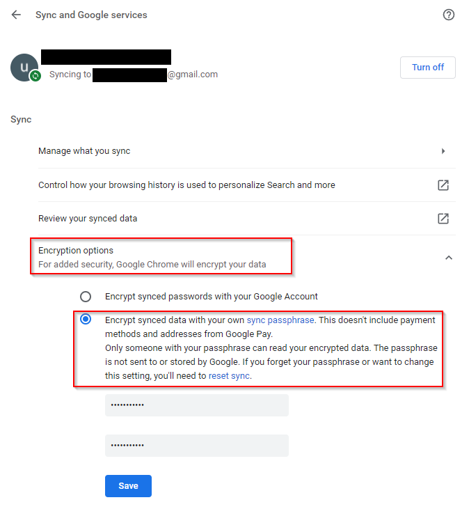 change the encryption settings for syncing Chrome data