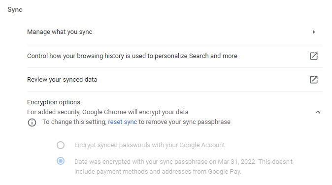 encryption set to passphrase for Chrome sync