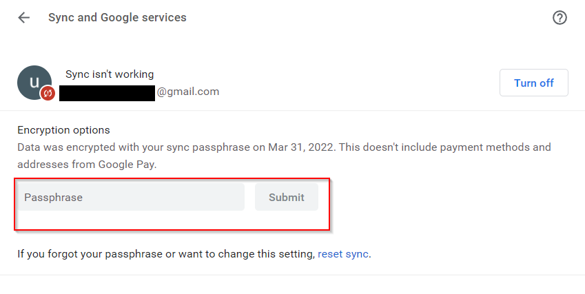 enter passphrase to enable sync 