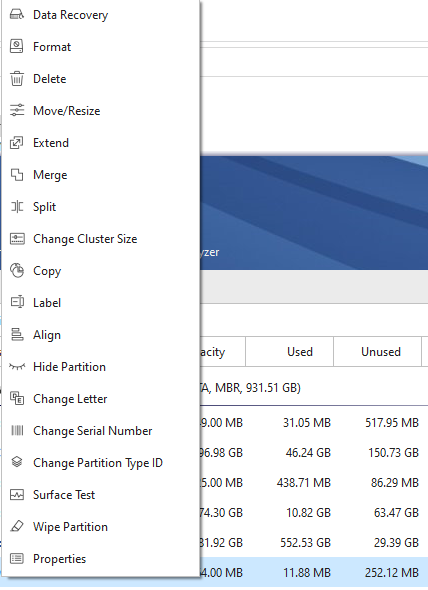 right-click to see partition options
