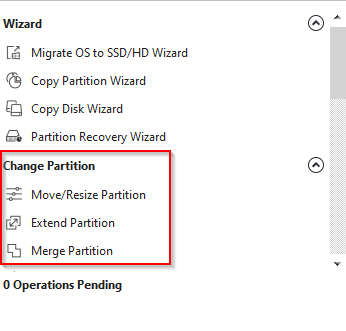 different options for partition management in MiniTool Partition Wizard