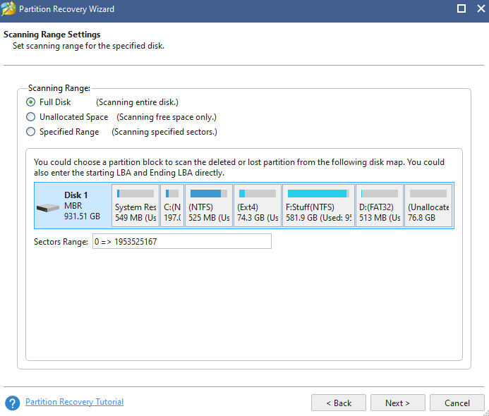 scan range settings for partition recovery wizard