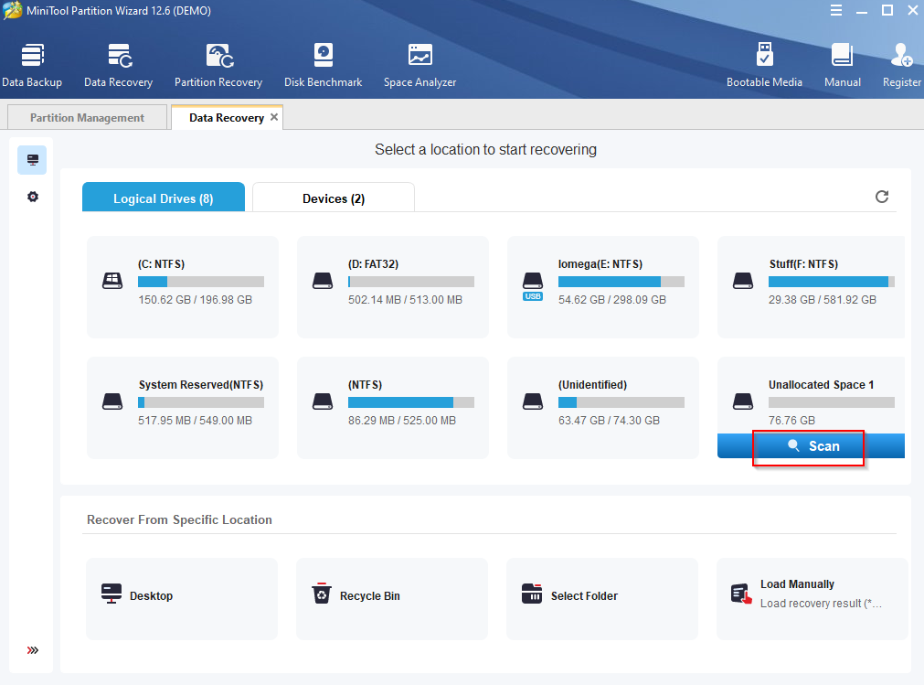 Data recovery feature in MiniTool Partition Wizard