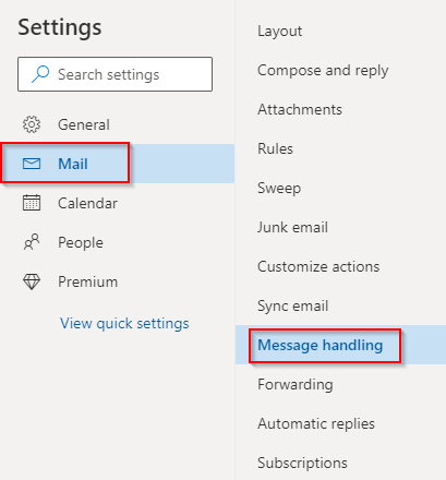 message handling settings in outlook.com